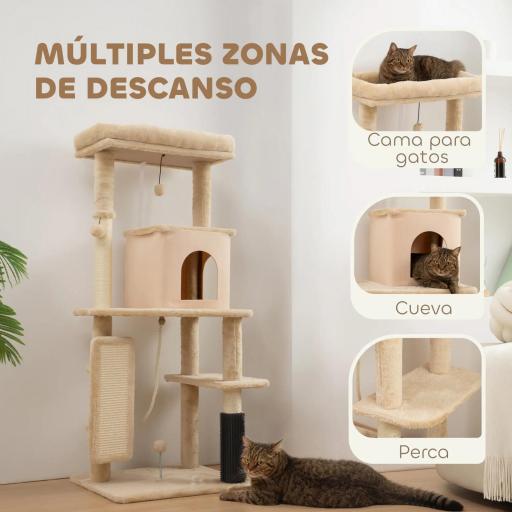 Árbol Rascador para Gatos 132 cm con Plataformas Poste con Cepillo Bolas Colgantes y Almohadilla para Rascar Beige [2]