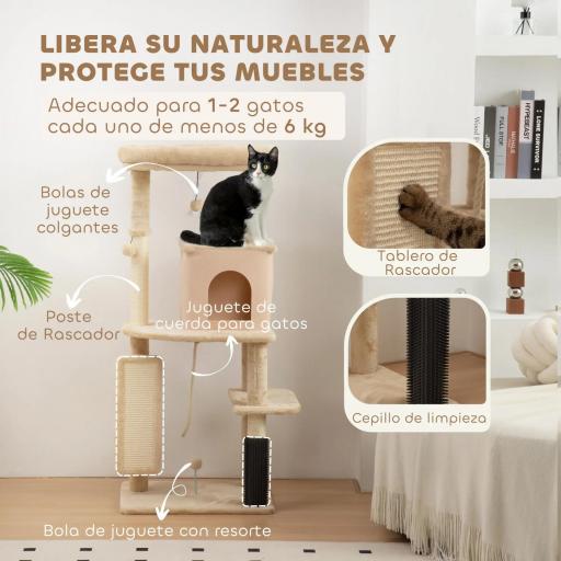 Árbol Rascador para Gatos 132 cm con Plataformas Poste con Cepillo Bolas Colgantes y Almohadilla para Rascar Beige [3]