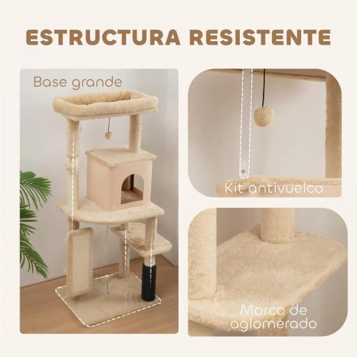 Árbol Rascador para Gatos 132 cm con Plataformas Poste con Cepillo Bolas Colgantes y Almohadilla para Rascar Beige [5]