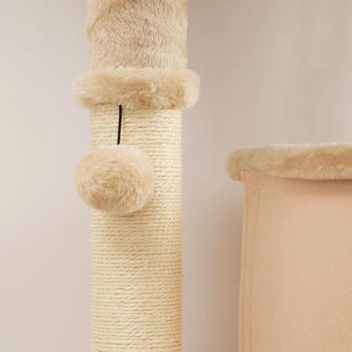 Árbol Rascador para Gatos 132 cm con Plataformas Poste con Cepillo Bolas Colgantes y Almohadilla para Rascar Beige [7]