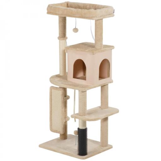 Árbol Rascador para Gatos 132 cm con Plataformas Poste con Cepillo Bolas Colgantes y Almohadilla para Rascar Beige [9]