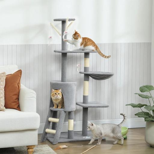 Árbol Rascador para Gatos Altura 134 cm con 6 Postes 3 Plataformas Cueva Hamaca Escalera 4 Juguetes Colgantes Gris