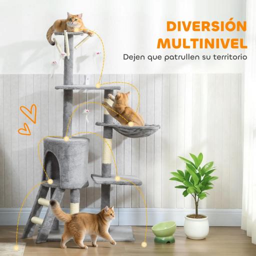 Árbol Rascador para Gatos Altura 134 cm con 6 Postes 3 Plataformas Cueva Hamaca Escalera 4 Juguetes Colgantes Gris [2]