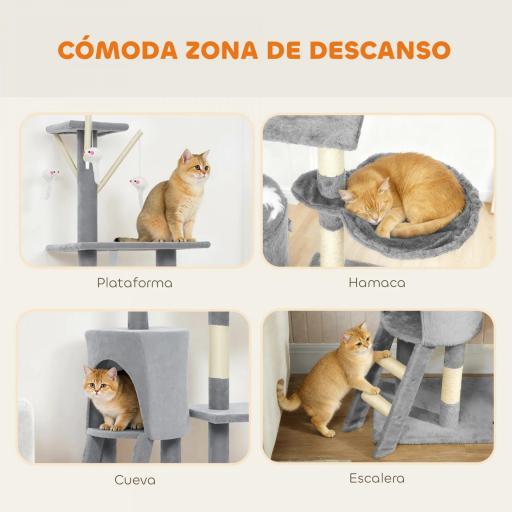 Árbol Rascador para Gatos Altura 134 cm con 6 Postes 3 Plataformas Cueva Hamaca Escalera 4 Juguetes Colgantes Gris [4]