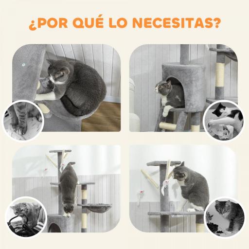 Árbol Rascador para Gatos Altura 134 cm con 6 Postes 3 Plataformas Cueva Hamaca Escalera 4 Juguetes Colgantes Gris [5]