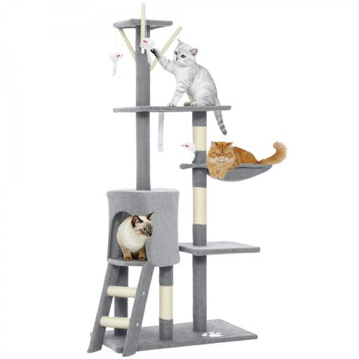 Árbol Rascador para Gatos Altura 134 cm con 6 Postes 3 Plataformas Cueva Hamaca Escalera 4 Juguetes Colgantes Gris [8]