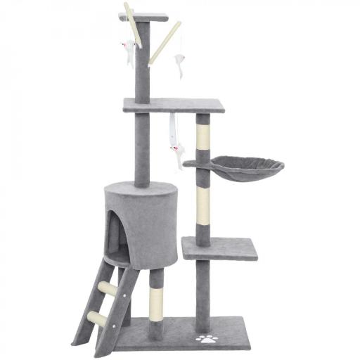 Árbol Rascador para Gatos Altura 134 cm con 6 Postes 3 Plataformas Cueva Hamaca Escalera 4 Juguetes Colgantes Gris [9]