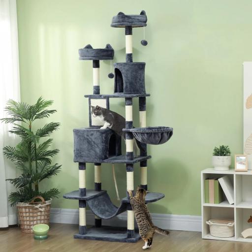 Árbol Rascador para Gatos Grande Altura 206 cm con Múltiples Niveles Cuevas Bolas Colgantes y Hamacas Gris Oscuro