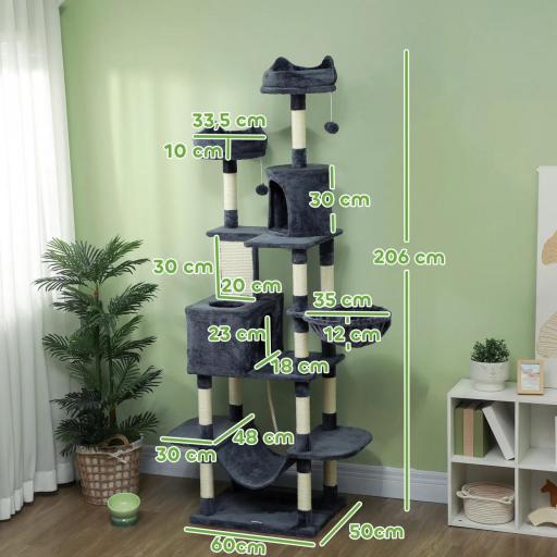 Árbol Rascador para Gatos Grande Altura 206 cm con Múltiples Niveles Cuevas Bolas Colgantes y Hamacas Gris Oscuro [1]