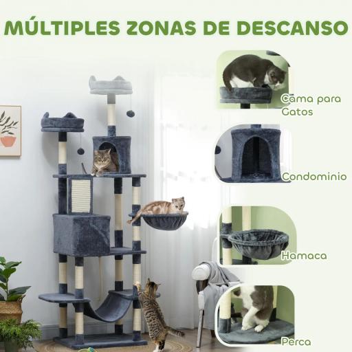 Árbol Rascador para Gatos Grande Altura 206 cm con Múltiples Niveles Cuevas Bolas Colgantes y Hamacas Gris Oscuro [5]