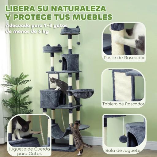 Árbol Rascador para Gatos Grande Altura 206 cm con Múltiples Niveles Cuevas Bolas Colgantes y Hamacas Gris Oscuro [3]
