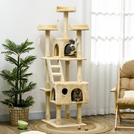 Rascador Árbol para Gatos Grande 60x50x181 cm con Poste de Arañar Múltiples Plataformas Escaleras Cuevas Juguetes Centro de Actividades Beige