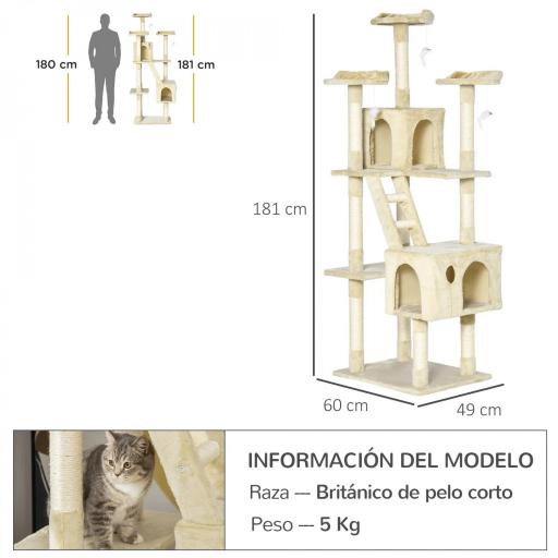Rascador Árbol para Gatos Grande 60x50x181 cm con Poste de Arañar Múltiples Plataformas Escaleras Cuevas Juguetes Centro de Actividades Beige [1]