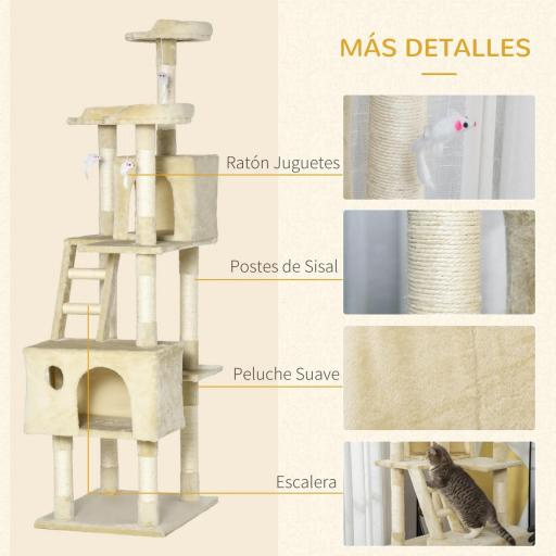 Rascador Árbol para Gatos Grande 60x50x181 cm con Poste de Arañar Múltiples Plataformas Escaleras Cuevas Juguetes Centro de Actividades Beige [2]