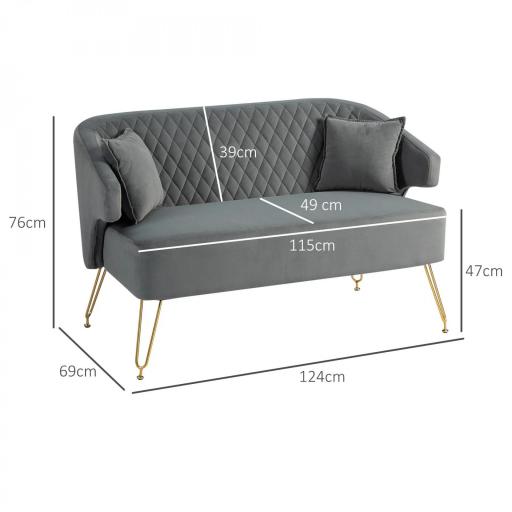 Sofá de 2 Plazas Tapizado en Terciopelo con 2 Almohadas Reposabrazos y Patas de Acero Carga 240 kg 124x69x76 cm Gris [1]