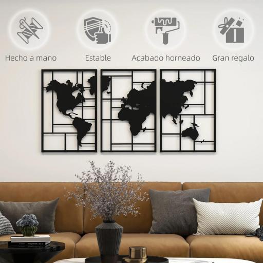 Decoración de Metal para Pared de Mapa Mundial de 3 Piezas para Salón Dormitorio Pasillo Negro [6]