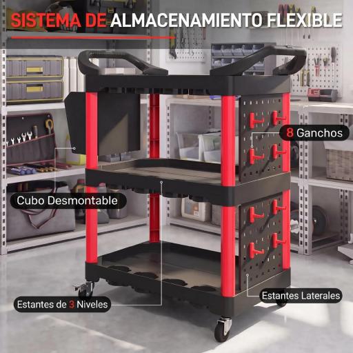 Carro de Herramientas de 3 Niveles con Paneles Perforados Asa Lateral Ganchos Cubeta Negro y Rojo [8]