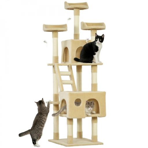 Rascador Árbol para Gatos Grande 60x50x181 cm con Poste de Arañar Múltiples Plataformas Escaleras Cuevas Juguetes Centro de Actividades Beige [8]