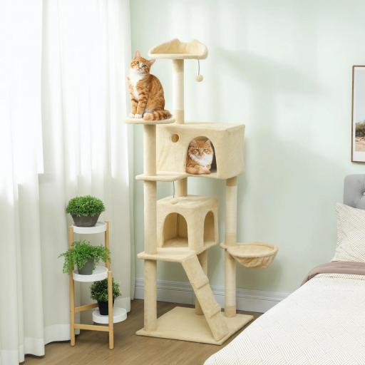 Árbol Rascador para Gatos 180 cm con Plataformas Cama 2 Cuevas Hamaca Escalera Postes de Sisal Beige