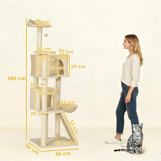 Árbol Rascador para Gatos 180 cm con Plataformas Cama 2 Cuevas Hamaca Escalera Postes de Sisal Beige [1]