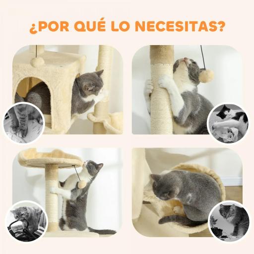 Árbol Rascador para Gatos 180 cm con Plataformas Cama 2 Cuevas Hamaca Escalera Postes de Sisal Beige [6]