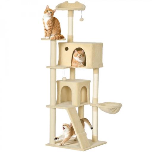 Árbol Rascador para Gatos 180 cm con Plataformas Cama 2 Cuevas Hamaca Escalera Postes de Sisal Beige [9]