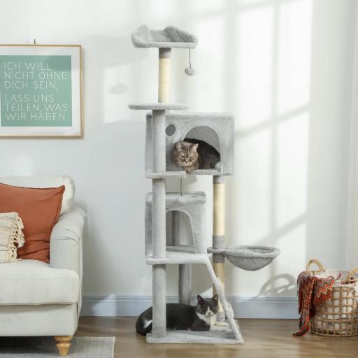 Árbol Rascador para Gatos 160 cm con Plataformas Cama 2 Cuevas Hamaca Escalera Postes de Sisal Gris Claro