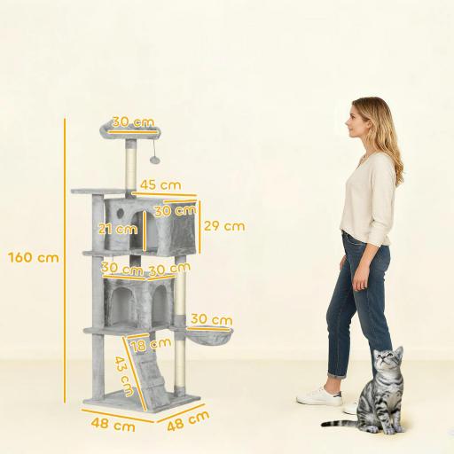 Árbol Rascador para Gatos 160 cm con Plataformas Cama 2 Cuevas Hamaca Escalera Postes de Sisal Gris Claro [1]