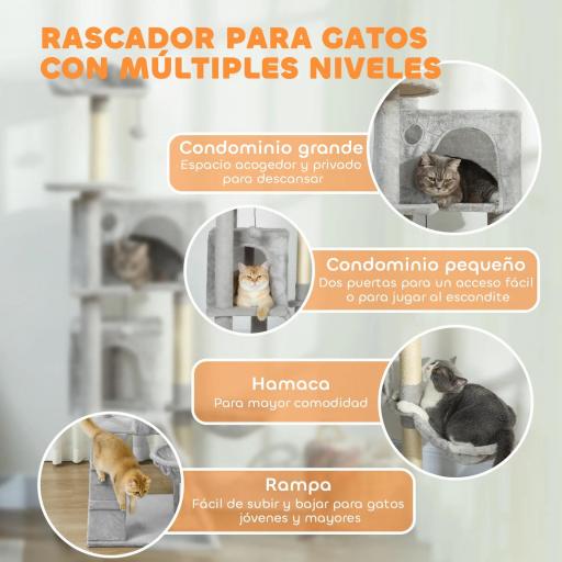 Árbol Rascador para Gatos 160 cm con Plataformas Cama 2 Cuevas Hamaca Escalera Postes de Sisal Gris Claro [2]