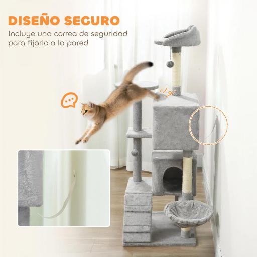 Árbol Rascador para Gatos 160 cm con Plataformas Cama 2 Cuevas Hamaca Escalera Postes de Sisal Gris Claro [3]