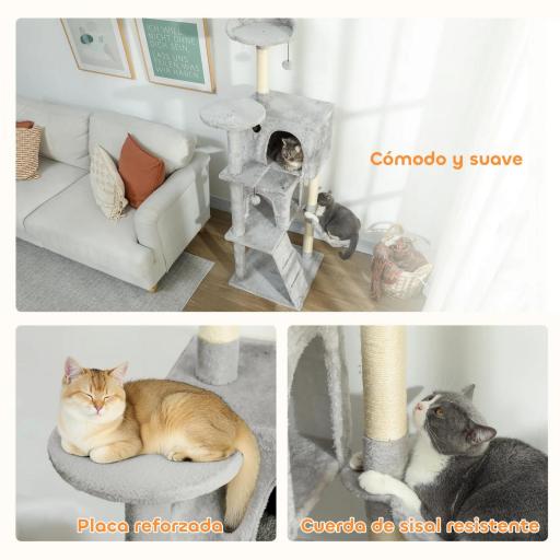 Árbol Rascador para Gatos 160 cm con Plataformas Cama 2 Cuevas Hamaca Escalera Postes de Sisal Gris Claro [4]
