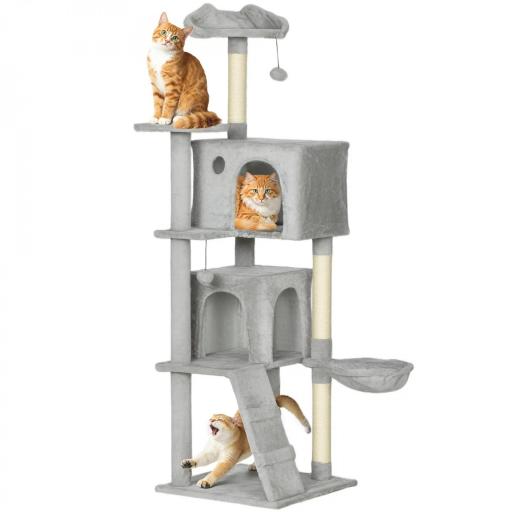 Árbol Rascador para Gatos 160 cm con Plataformas Cama 2 Cuevas Hamaca Escalera Postes de Sisal Gris Claro [9]