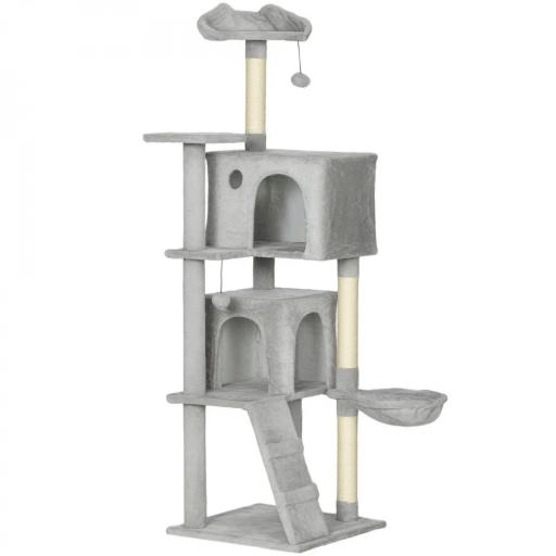Árbol Rascador para Gatos 160 cm con Plataformas Cama 2 Cuevas Hamaca Escalera Postes de Sisal Gris Claro [8]