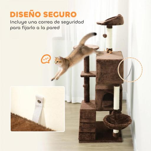 Árbol Rascador para Gatos 140 cm con Plataformas Cama 2 Cuevas Hamaca Escalera Postes de Sisal Marrón [4]