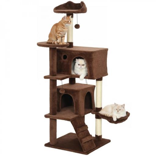 Árbol Rascador para Gatos 140 cm con Plataformas Cama 2 Cuevas Hamaca Escalera Postes de Sisal Marrón [8]