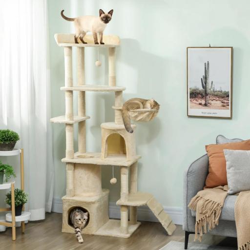 Árbol Rascador para Gatos Grande Altura 170 cm con 7 Postes 1 Túnel 3 Plataformas 2 Cuevas 1 Hamaca Beige