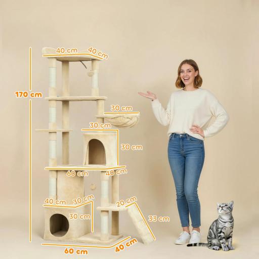 Árbol Rascador para Gatos Grande Altura 170 cm con 7 Postes 1 Túnel 3 Plataformas 2 Cuevas 1 Hamaca Beige [1]