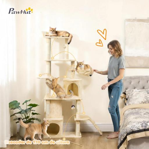 Árbol Rascador para Gatos Grande Altura 170 cm con 7 Postes 1 Túnel 3 Plataformas 2 Cuevas 1 Hamaca Beige [2]