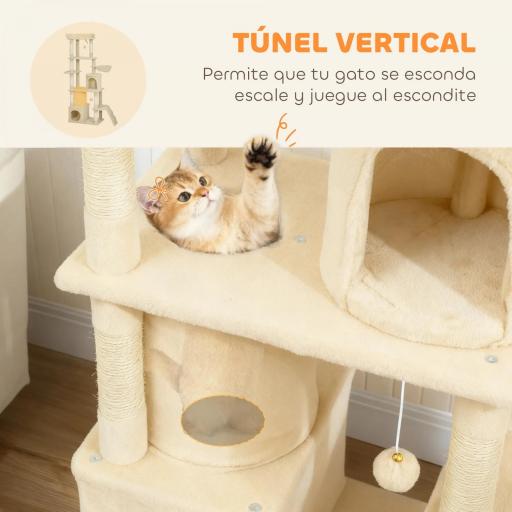 Árbol Rascador para Gatos Grande Altura 170 cm con 7 Postes 1 Túnel 3 Plataformas 2 Cuevas 1 Hamaca Beige [5]