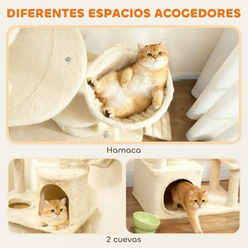 Árbol Rascador para Gatos Grande Altura 170 cm con 7 Postes 1 Túnel 3 Plataformas 2 Cuevas 1 Hamaca Beige [3]