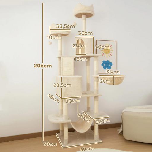 Árbol Rascador para Gatos Grande Altura 206 cm con Múltiples Niveles Cuevas Bolas Colgantes y Hamacas Beige [5]