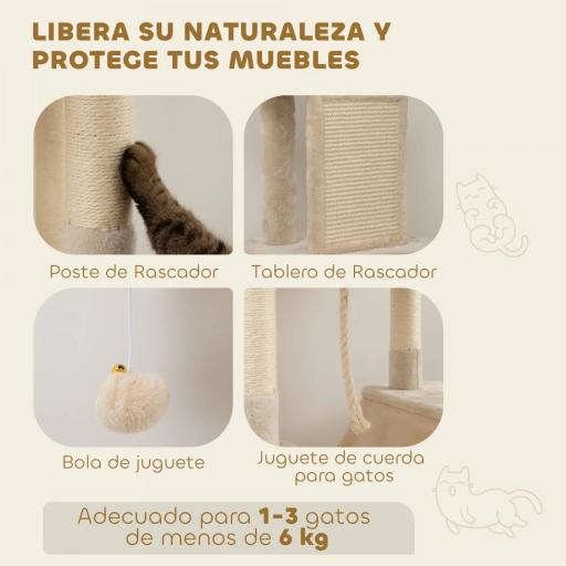 Árbol Rascador para Gatos Grande Altura 206 cm con Múltiples Niveles Cuevas Bolas Colgantes y Hamacas Beige [4]