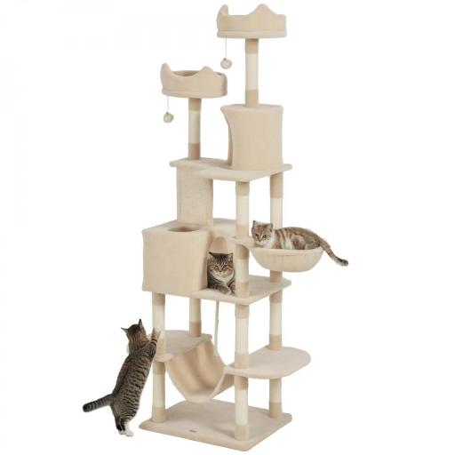 Árbol Rascador para Gatos Grande Altura 206 cm con Múltiples Niveles Cuevas Bolas Colgantes y Hamacas Beige [8]