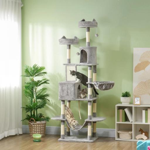 Árbol Rascador para Gatos Grande Altura 206 cm con Múltiples Niveles Cuevas Bolas Colgantes y Hamacas Gris