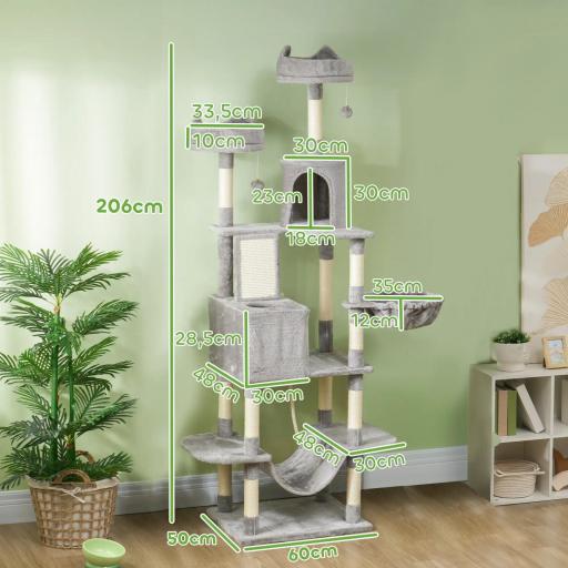 Árbol Rascador para Gatos Grande Altura 206 cm con Múltiples Niveles Cuevas Bolas Colgantes y Hamacas Gris [1]