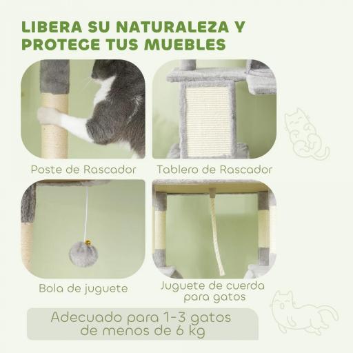 Árbol Rascador para Gatos Grande Altura 206 cm con Múltiples Niveles Cuevas Bolas Colgantes y Hamacas Gris [4]