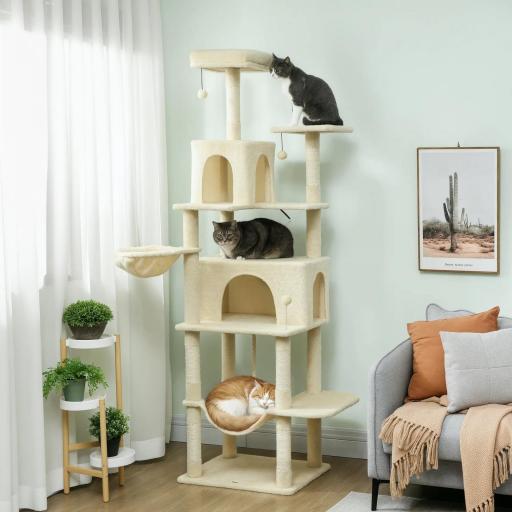 Árbol Rascador para Gatos con Plataforma Torre Escalador para Gatos con Cama Cuevas Postes de Sisal 60x48x202 cm Beige