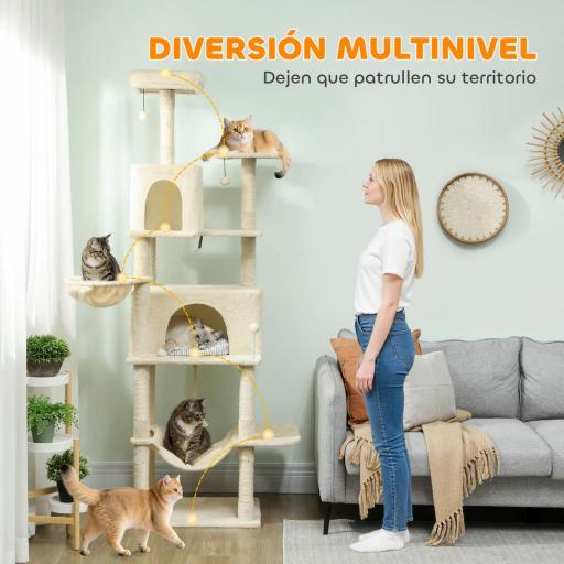 Árbol Rascador para Gatos con Plataforma Torre Escalador para Gatos con Cama Cuevas Postes de Sisal 60x48x202 cm Beige [4]