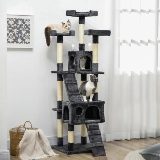 Árbol para Gatos Torre para Gatos con Nidos Escaleras Juguetes Colgantes y Postes de Sisal 49x49x173 cm Gris Oscuro