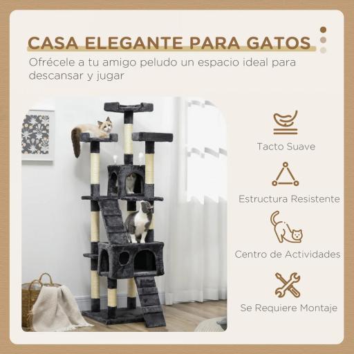 Árbol para Gatos Torre para Gatos con Nidos Escaleras Juguetes Colgantes y Postes de Sisal 49x49x173 cm Gris Oscuro [2]